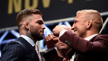 LAS VEGAS, NV - OCTOBER 06: (L-R) Opponents Cody Garbrandt and TJ Dillashaw face off during the UFC 217 news conference inside T-Mobile Arena on October 6, 2017 in Las Vegas, Nevada. (Photo by Brandon Magnus/Zuffa LLC/Zuffa LLC via Getty Images)