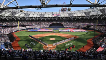 Players line up for the national anthems ahead of the second of the two-game, 2023 major league baseball London Series between the St Louis Cardinals and the Chicago Cubs at London Stadium in east London on June 25, 2023. (Photo by Ben Stansall / AFP) / RESTRICTED TO EDITORIAL USE (Photo by BEN STANSALL/AFP via Getty Images)