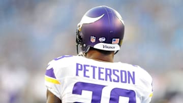 Sep 3, 2015; Nashville, TN, USA; Minnesota Vikings running back Adrian Peterson (28) prior to the game against the Tennessee Titans at Nissan Stadium. Mandatory Credit: Christopher Hanewinckel-USA TODAY Sports
