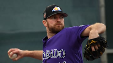 SCOTTSDALE, CO - FEBRUARY 19: Colorado Rockies pitcher Wade Davis (71) delivers a pitch during the teams workout on February 19, 2018 at Salt River Fields at Talking Stick in Scottsdale, Arizona. (Photo by John Leyba/The Denver Post via Getty Images)