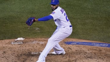CHICAGO, ILLINOIS - SEPTEMBER 16: Jeremy Jeffress #24 of the Chicago Cubs throws a pitch during the ninth inning of a game against the Cleveland Indians at Wrigley Field on September 16, 2020 in Chicago, Illinois. (Photo by Nuccio DiNuzzo/Getty Images)