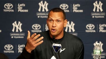 Aug 7, 2016; Bronx, NY, USA; New York Yankees designated hitter Alex Rodriguez addresses the media during a press conference announcing his retirement prior to the game between the Cleveland Indians and New York Yankees at Yankee Stadium. Rodriguez will play his last game on Friday August 12, 2016. Mandatory Credit: Andy Marlin-USA TODAY Sports