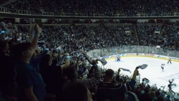 May 25, 2016; San Jose, CA, USA; San Jose Sharks fans wave rally towels against the St. Louis Blues in game six of the Western Conference Finals of the 2016 Stanley Cup Playoffs at SAP Center at San Jose. Mandatory Credit: Kelley L Cox-USA TODAY Sports