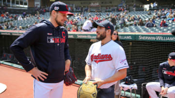 CLEVELAND, OH - APRIL 24: Cleveland Indians pitcher Dan Otero (61) talks with Cleveland native and NXT Champion Johnny Gargano prior to the Major League Baseball interleague game between the Miami Marlins and Cleveland Indians on April 24, 2019, at Progressive Field in Cleveland, OH. (Photo by Frank Jansky/Icon Sportswire via Getty Images)
