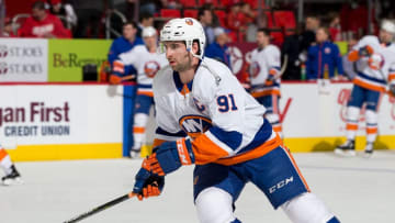 DETROIT, MI - APRIL 07: John Tavares #91 of the New York Islanders skates during warm-ups prior to an NHL game against the Detroit Red Wings at Little Caesars Arena on April 7, 2018 in Detroit, Michigan. (Photo by Dave Reginek/NHLI via Getty Images)