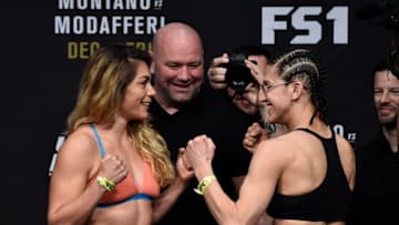 LAS VEGAS, NV - NOVEMBER 30: (L-R) Nicco Montano and Roxanne Modafferi face off during the TUF Finale weigh-in inside Park Theater on November 30, 2017 in Las Vegas, Nevada. (Photo by Jeff Bottari/Zuffa LLC/Zuffa LLC via Getty Images)