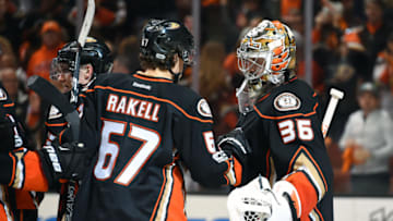 ANAHEIM, CA - MAY 14: Anaheim Ducks Winger Rickard Rakell (67) celebrates the victory with Anaheim Ducks Goalie John Gibson (36) during game 2 of the 2017 NHL Western Conference Final between the Nashville Predators and the Anaheim Ducks on May 14, 2017 at Honda Center in Anaheim, CA. The Ducks defeated the Predators 5-3. (Photo by Chris Williams/Icon Sportswire via Getty Images)