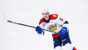 CALGARY, AB - MARCH 27: Carson Latimer #17 of the Edmonton Oil Kings in action against the Calgary Hitmen during a WHL game at Seven Chiefs Sportsplex on March 27, 2021 in Calgary, Alberta, Canada. (Photo by Derek Leung/Getty Images)