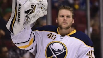 Oct 20, 2016; Vancouver, British Columbia, CAN; Buffalo Sabres goaltender Robin Lehner (40) awaits the start of play against the Vancouver Canucks during the first period at Rogers Arena. Mandatory Credit: Anne-Marie Sorvin-USA TODAY Sports