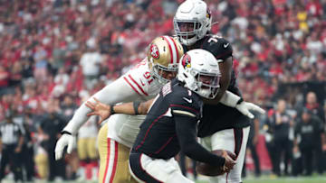 Arizona Cardinals quarterback Kyler Murray (1) is pressured by San Francisco 49ers defensive end Arik Armstead (91) Mandatory Credit: Michael Chow-USA TODAY Sports