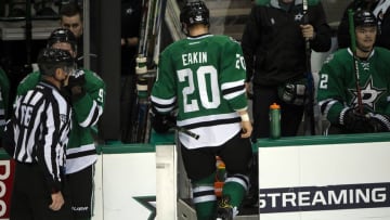 Dec 15, 2016; Dallas, TX, USA; Dallas Stars center Cody Eakin (20) leaves the ice after receiving a game misconduct for a hit on New York Rangers goalie Henrik Lundqvist (not pictured) during the first period at the American Airlines Center. Mandatory Credit: Jerome Miron-USA TODAY Sports