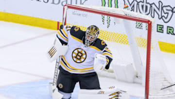 May 4, 2021; Newark, New Jersey, USA; Boston Bruins goaltender Jaroslav Halak (41) makes the save against during the second period against the New Jersey Devils at Prudential Center. Mandatory Credit: Vincent Carchietta-USA TODAY Sports