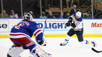 NEW YORK, NEW YORK - MARCH 02: Igor Shesterkin #31 of the New York Rangers braces for a third period shot by Pavel Buchnevich #89 of the St. Louis Blues at Madison Square Garden on March 02, 2022 in New York City. The Rangers defeated the Blues 5-3. (Photo by Bruce Bennett/Getty Images)