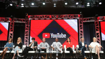 BEVERLY HILLS, CA - JULY 27: (L-R) of Natalia Tena, Nora Arnezeder, Sen Mitsuji, Tom Felton, Fraser James, Mika Watkins, Rob Bullock, and Suzanne Mackie of the television show "Origin" speak during the YouTube segment of the Summer 2018 Television Critics Association Press Tour at the Beverly Hilton Hotel on July 27, 2018 in Beverly Hills, California. (Photo by Frederick M. Brown/Getty Images)