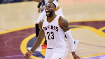 Apr 20, 2016; Cleveland, OH, USA; Cleveland Cavaliers forward LeBron James (23) celebrates after a stoppage in play against the Detroit Pistons during the second quarter in game two of the first round of the NBA Playoffs at Quicken Loans Arena. Mandatory Credit: Ken Blaze-USA TODAY Sports