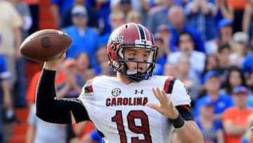 GAINESVILLE, FLORIDA - NOVEMBER 10: Jake Bentley #19 of the South Carolina Gamecocks attempts a pass during the game against the Florida Gators at Ben Hill Griffin Stadium on November 10, 2018 in Gainesville, Florida. (Photo by Sam Greenwood/Getty Images)