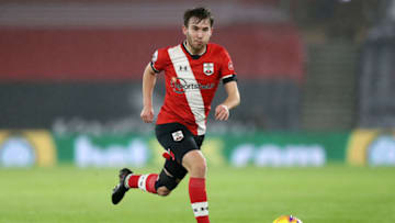 SOUTHAMPTON, ENGLAND - JANUARY 26: Jake Vokins of Southampton in action during the Premier League match between Southampton and Arsenal at St Mary's Stadium on January 26, 2021 in Southampton, England. Sporting stadiums around the UK remain under strict restrictions due to the Coronavirus Pandemic as Government social distancing laws prohibit fans inside venues resulting in games being played behind closed doors. (Photo by Naomi Baker/Getty Images)