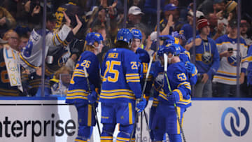 Nov 10, 2022; Buffalo, New York, USA; Buffalo Sabres right wing Tage Thompson (72) celebrates his second goal of the game with teammates during the third period against the Vegas Golden Knights at KeyBank Center. Mandatory Credit: Timothy T. Ludwig-USA TODAY Sports