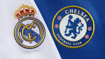 MANCHESTER, ENGLAND - APRIL 22: The club badges of Real Madrid and Chelsea on their first team home shirts ahead of their UEFA Champions League semi final on April 22, 2021 in Manchester, United Kingdom. (Photo by Visionhaus/Getty Images)
