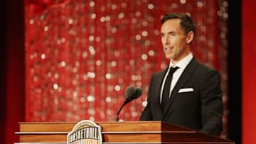 SPRINGFIELD, MA - SEPTEMBER 07: Naismith Memorial Basketball Hall of Fame Class of 2018 enshrinee Steve Nash speaks during the 2018 Basketball Hall of Fame Enshrinement Ceremony at Symphony Hall on September 7, 2018 in Springfield, Massachusetts. (Photo by Maddie Meyer/Getty Images)