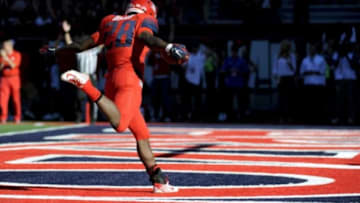 Nov 28, 2014; Tucson, AZ, USA; Arizona Wildcats running back Nick Wilson (28) celebrates as he runs into the endzone for a touchdown against the Arizona State Sun Devils during the first half of the territorial cup at Arizona Stadium. Mandatory Credit: Casey Sapio-USA TODAY Sports