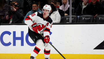 ANAHEIM, CALIFORNIA - JANUARY 13: Jack Hughes #86 of the New Jersey Devils controls the puck during the first period of a game against the Anaheim Ducks at Honda Center on January 13, 2023 in Anaheim, California. (Photo by Sean M. Haffey/Getty Images)