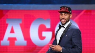 Jun 23, 2016; New York, NY, USA; Denzel Valentine (Michigan State) walks off stage after being selected as the number fourteen overall pick to the Chicago Bulls in the first round of the 2016 NBA Draft at Barclays Center. Mandatory Credit: Brad Penner-USA TODAY Sports