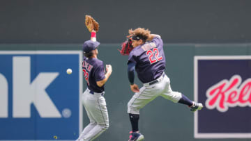 Jun 27, 2021; Minneapolis, Minnesota, USA; Cleveland Indians second baseman Ernie Clement (28) and outfielder Josh Naylor (22) collide on a fly ball against the Minnesota Twins in the fourth inning at Target Field. Mandatory Credit: Brad Rempel-USA TODAY Sports