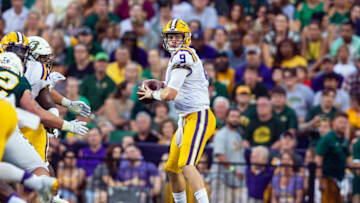 BATON ROUGE, LA - SEPTEMBER 08: LSU Tigers quarterback Joe Burrow (9) throws a pass during a game between the LSU Tigers and Southeastern Louisiana Lions at Tiger Stadium in Baton Rouge, Louisiana on September 8, 2018. (Photo by John Korduner/Icon Sportswire via Getty Images)