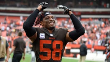 CLEVELAND, OH - OCTOBER 07: Christian Kirksey #58 of the Cleveland Browns celebrates defeating the Baltimore Ravens at FirstEnergy Stadium on October 7, 2018 in Cleveland, Ohio. The Browns won 12 to 9. (Photo by Jason Miller/Getty Images)