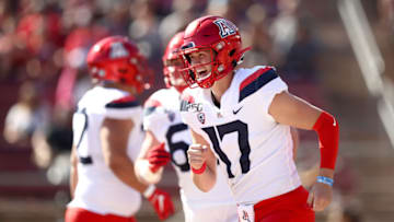 PALO ALTO, CALIFORNIA - OCTOBER 26: Grant Gunnell #17 of the Arizona Wildcats reacts after he threw a touchdown pass to Jalen Johnson #9 against the Stanford Cardinal at Stanford Stadium on October 26, 2019 in Palo Alto, California. (Photo by Ezra Shaw/Getty Images)