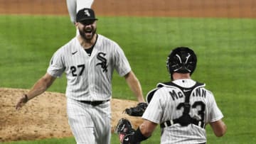 Lucas Giolito #27 of the Chicago White Sox celebrates his no-hitter against the Pittsburgh Pirates (Photo by David Banks/Getty Images)