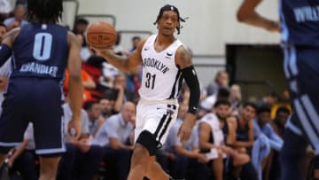 Jul 12, 2022; Las Vegas, NV, USA; Brooklyn Nets guard Alondes Williams (31) dribbles the ball against the Memphis Grizzlies during an NBA Summer League game at Cox Pavilion. Mandatory Credit: Stephen R. Sylvanie-USA TODAY Sports