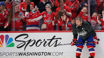 WASHINGTON, DC - NOVEMBER 11: Alex Ovechkin #8 of the Washington Capitals wears a camouflage jersey during warmups in honor of Veterans Day before a game against the Arizona Coyotes at Capital One Arena on November 11, 2019 in Washington, DC. (Photo by Patrick McDermott/NHLI via Getty Images)