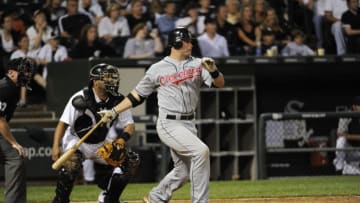 CHICAGO - JUNE 05: Russell Branyan #33 of the Cleveland Indians hits an RBI single against the Chicago White Sox on June 05, 2010 at U.S. Cellular Field in Chicago, Illinois. The Indians defeated the White Sox 3-1. (Photo by Ron Vesely/MLB Photos via Getty Images)