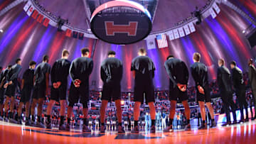 CHAMPAIGN , IL - NOVEMBER 13: The Georgetown Hoyas line up for the National Anthem before a college basketball game against the Illinois Fighting Illini at the State Farm Center on November 13, 2018 in Champaign, Illinois. (Photo by Mitchell Layton/Getty Images) *** Local Caption ***