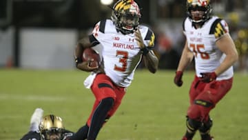Sep 17, 2016; Orlando, FL, USA; Maryland Terrapins quarterback Tyrrell Pigrome (3) runs for the game winning touchdown past the diving Central Florida Knights defensive lineman Tony Guerad (93) in double overtime of a football game at Bright House Networks Stadium. Maryland won 30-24 in double overtime. Mandatory Credit: Reinhold Matay-USA TODAY Sports