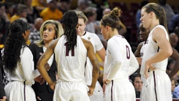 Mar 23, 2015; Tempe, AZ, USA; Arizona State Sun Devils head coach Charli Turner Thorne talks to her players during the first half against the UALR Trojans in the second round of the women