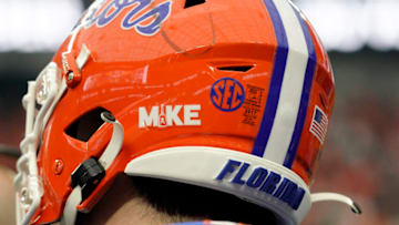 Dec 17, 2022; Las Vegas, NV, USA; A detailed photo of the “MIKE” sticker on the back of Florida Gators’ helmets during the first half against the Oregon State Beavers at the Las Vegas Bowl at Allegiant Stadium. The sticker is in honor of Coach Mike Leach who passed away on December 12, 2022. Mandatory Credit: Lucas Peltier-USA TODAY Sports
