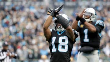 CHARLOTTE, NC - DECEMBER 17: Damiere Byrd #18 of the Carolina Panthers reacts after a touchdown catch against the Green Bay Packers in the third quarter during their game at Bank of America Stadium on December 17, 2017 in Charlotte, North Carolina. (Photo by Streeter Lecka/Getty Images)