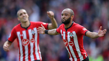 SOUTHAMPTON, ENGLAND - MAY 12: Nathan Redmond of Southampton celebrates after scoring his team's first goal during the Premier League match between Southampton FC and Huddersfield Town at St Mary's Stadium on May 12, 2019 in Southampton, United Kingdom. (Photo by David Cannon/Getty Images)