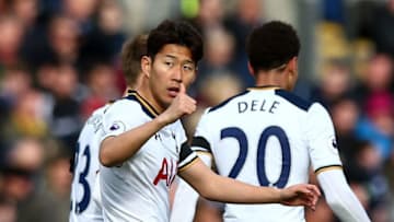 BURNLEY, ENGLAND - APRIL 01: Son Heung-Min of Tottenham Hotspur celebrates after scoring a goal to make it 0-2 during the Premier League match between Burnley and Tottenham Hotspur at Turf Moor on April 1, 2017 in Burnley, England. (Photo by Robbie Jay Barratt - AMA/Getty Images)