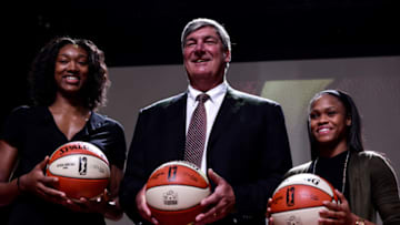 LAS VEGAS, NV - DECEMBER 11: Professional basketball players Kayla Janine Alexander (L), Head coach Bill Laimbeer (M), and Moriah Jefferson (R) pose for a picture during a news conference as the WNBA and MGM Resorts International announce the Las Vegas Aces as the name of their franchise at the House of Blues Las Vegas inside Mandalay Bay Resort and Casino on December 11, 2017 in Las Vegas, Nevada. In October, the league announced that the San Antonio Stars would relocate to Las Vegas and begin play in the 2018 season at the Mandalay Bay Events Center. (Photo by Brandon Magnus/Getty Images)