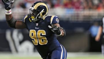 Aug 8, 2014; St. Louis, MO, USA; St. Louis Rams defensive end Michael Sam (96) defends against the New Orleans Saints during the first half at Edward Jones Dome. Mandatory Credit: Jeff Curry-USA TODAY Sports