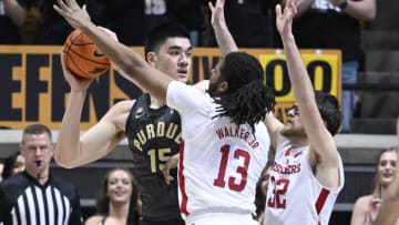 Purdue Boilermakers center Zach Edey (15) looks to pass the ball away from Nebraska basketball (Marc Lebryk-USA TODAY Sports)