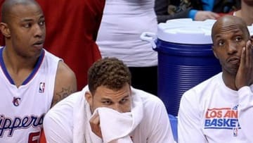 Apr 30, 2013; Los Angeles, CA, USA; Los Angeles Clippers small forward Caron Butler (5), power forward Blake Griffin (middle) and point guard Chauncey Billups (right) on the bench at the end of game five of the first round of the 2013 NBA Playoffs against the Memphis Grizzlies at the Staples Center. Grizzlies won 103-93. Mandatory Credit: Jayne Kamin-Oncea-USA TODAY Sports
