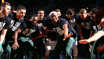 EAST LANSING, MI - NOVEMBER 19: Cassius Winston #5 of the Michigan State Spartans during players introduction prior to the game against the Stony Brook Seawolves at Breslin Center on November 19, 2017 in East Lansing, Michigan. (Photo by Rey Del Rio/Getty Images)