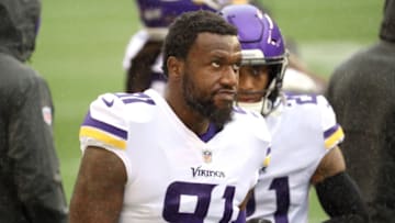 SEATTLE, WASHINGTON - OCTOBER 11: Yannick Ngakoue #91 of the Minnesota Vikings looks on before their game against the Seattle Seahawks at CenturyLink Field on October 11, 2020 in Seattle, Washington. (Photo by Abbie Parr/Getty Images)