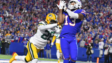 Oct 30, 2022; Orchard Park, New York, USA; Buffalo Bills wide receiver Gabe Davis (13) can't hold on to a catch in the end zone as Green Bay Packers safety Darnell Savage (26) defends in the second quarter at Highmark Stadium. Mandatory Credit: Mark Konezny-USA TODAY Sports