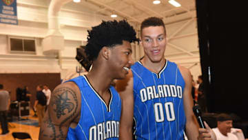 TARRYTOWN, NY - AUGUST 3: Elfrid Payton #4 and Aaron Gordon #00 of the Orlando Magic behind the scenes during the 2014 NBA rookie photo shoot on August 3, 2014 at the Madison Square Garden Training Facility in Tarrytown, New York. NOTE TO USER: User expressly acknowledges and agrees that, by downloading and or using this photograph, User is consenting to the terms and conditions of the Getty Images License Agreement. Mandatory Copyright Notice: Copyright 2014 NBAE (Photo by Adam Pantozzi/NBAE via Getty Images)